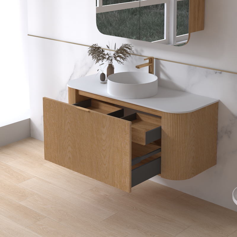 Siena 1200 Curved Light Walnut Fluted Wall Hung Vanity - Acqua Bathrooms