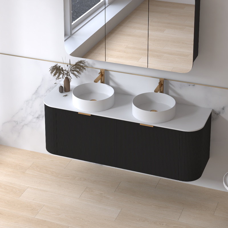 Siena 1500 Curved Double Fluted Matte Black Wall Hung Vanity - Acqua Bathrooms