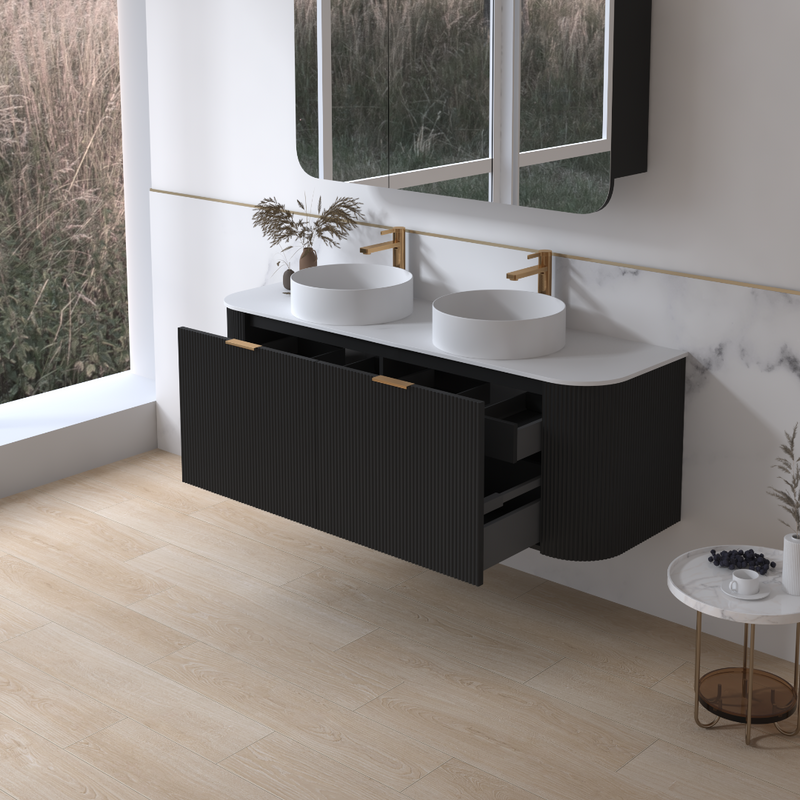 Siena 1500 Curved Double Fluted Matte Black Wall Hung Vanity - Acqua Bathrooms