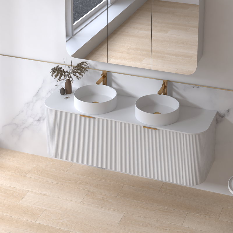 Siena 1500 Curved Double Fluted Matte White Wall Hung Vanity - Acqua Bathrooms