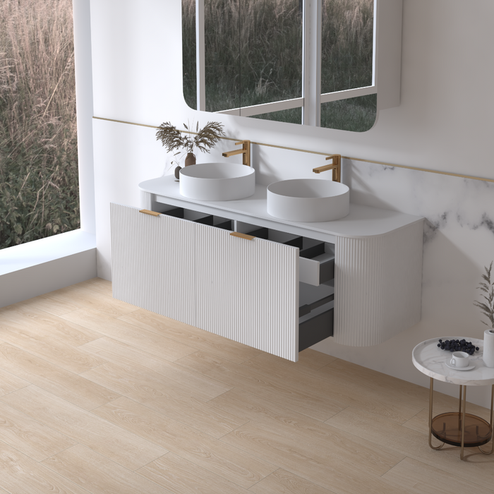 Siena 1500 Curved Double Fluted Matte White Wall Hung Vanity - Acqua Bathrooms