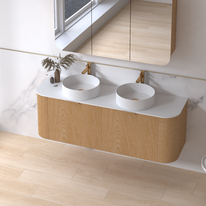 Siena 1500 Curved Double Light Walnut Fluted Wall Hung Vanity - Acqua Bathrooms