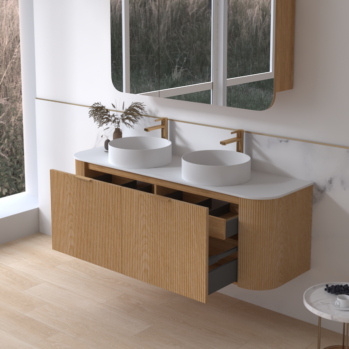 Siena 1500 Curved Double Light Walnut Fluted Wall Hung Vanity - Acqua Bathrooms