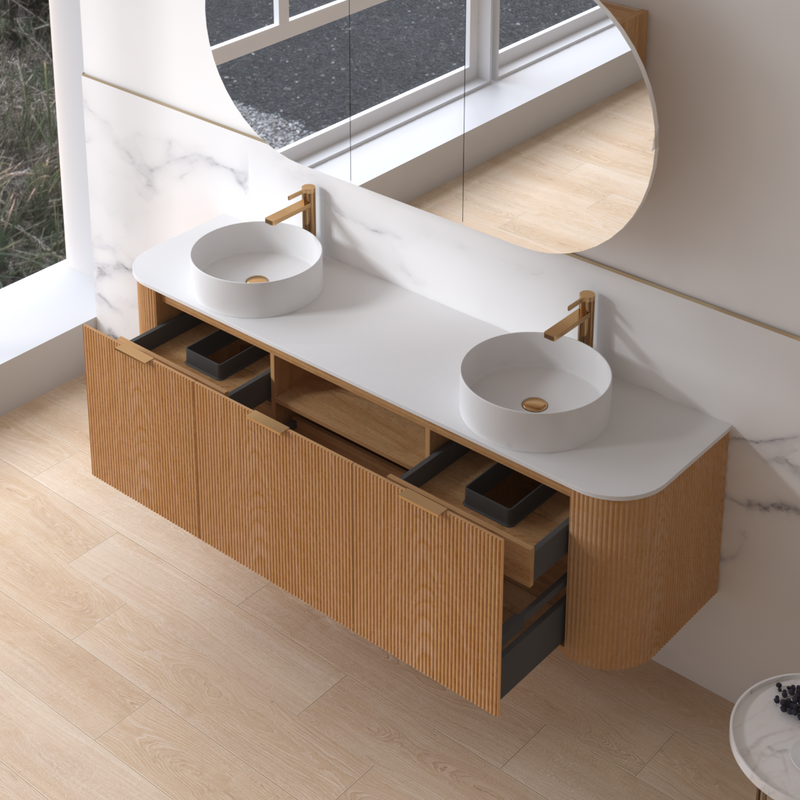 Siena 1800 Curved Double Light Walnut Fluted Wall Hung Vanity - Acqua Bathrooms