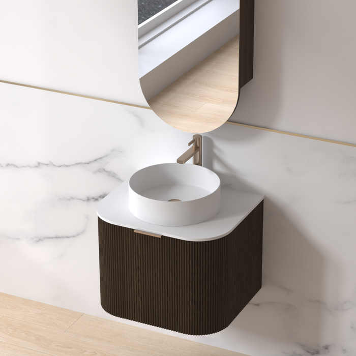 Siena 600 Curved Black Walnut Fluted Wall Hung Vanity - Acqua Bathrooms