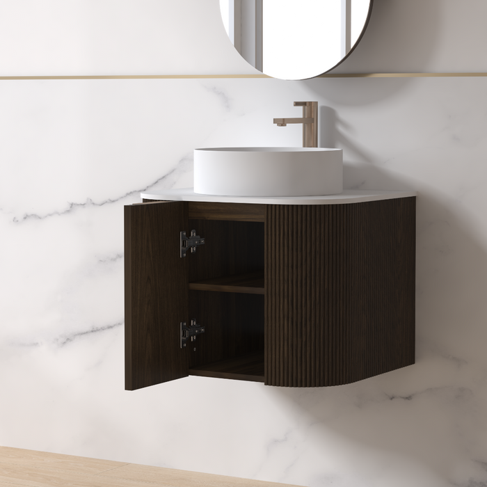 Siena 600 Curved Black Walnut Fluted Wall Hung Vanity - Acqua Bathrooms