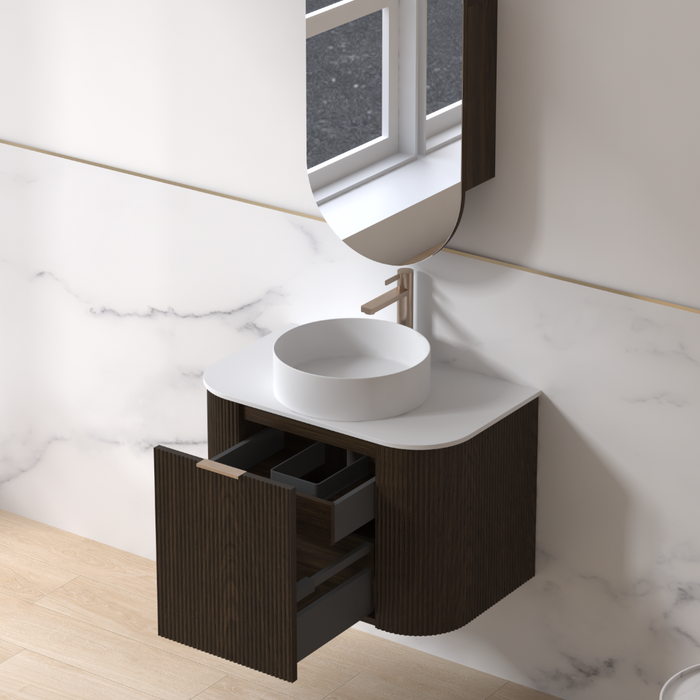 Siena 750 Curved Black Walnut Fluted Wall Hung Vanity - Acqua Bathrooms