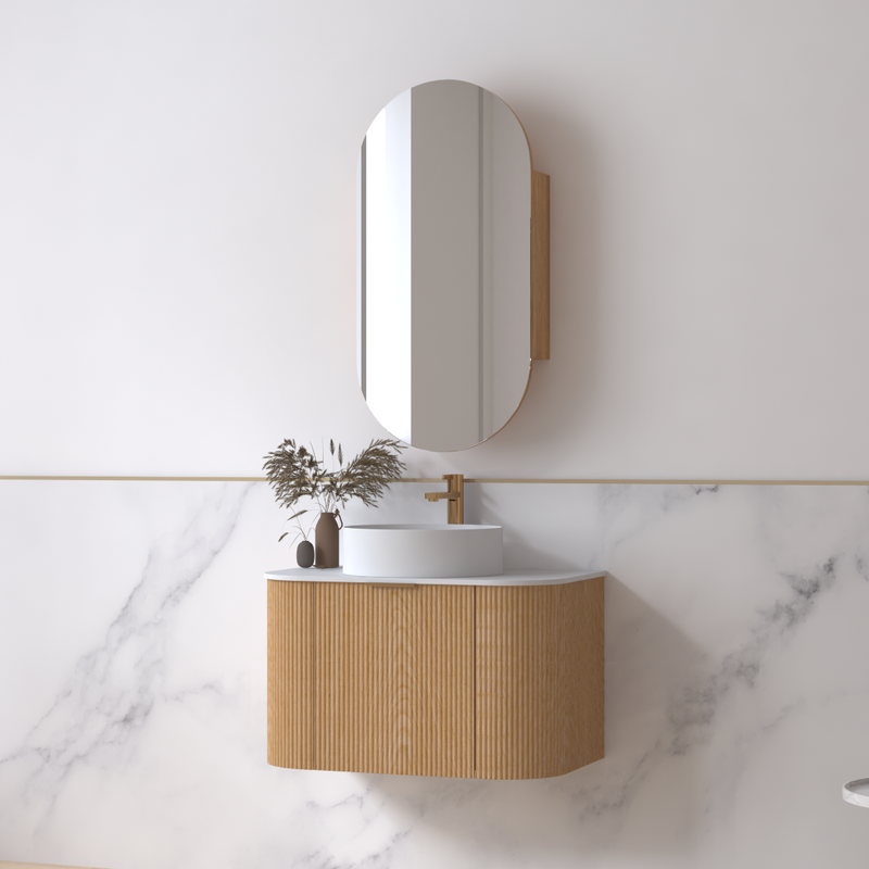 Siena 750 Curved Light Walnut Fluted Wall Hung Vanity - Acqua Bathrooms
