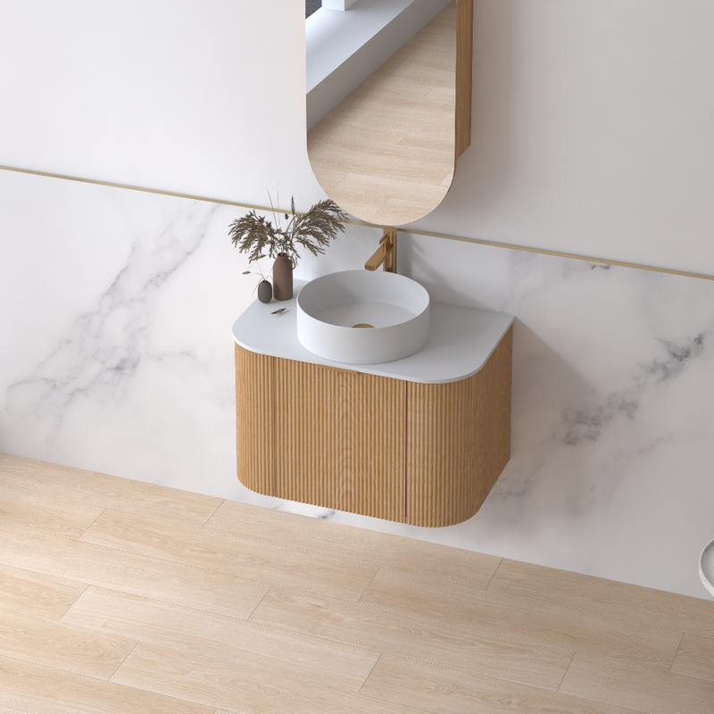 Siena 750 Curved Light Walnut Fluted Wall Hung Vanity - Acqua Bathrooms