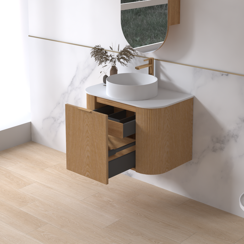 Siena 750 Curved Light Walnut Fluted Wall Hung Vanity - Acqua Bathrooms