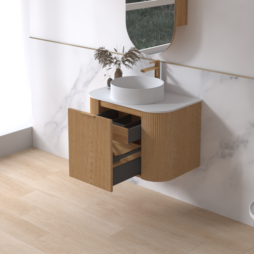 Siena 750 Curved Light Walnut Fluted Wall Hung Vanity - Acqua Bathrooms
