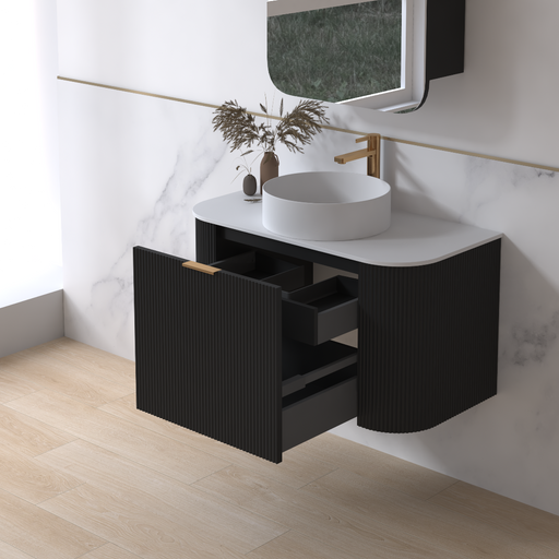 Siena 900 Curved Matte Black Fluted Wall Hung Vanity - Acqua Bathrooms