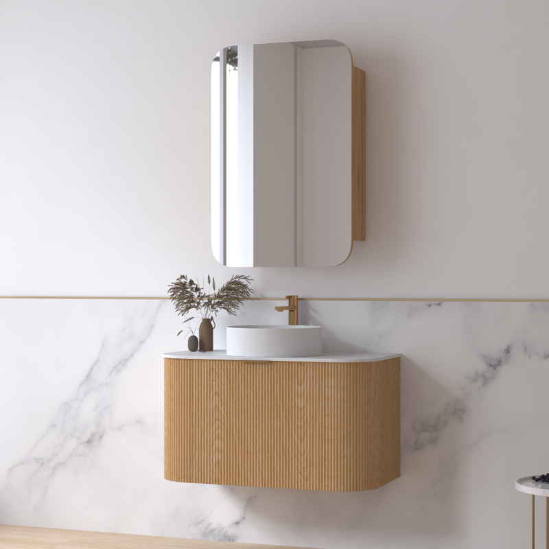 Siena 900 Curved Light Walnut Fluted Wall Hung Vanity - Acqua Bathrooms