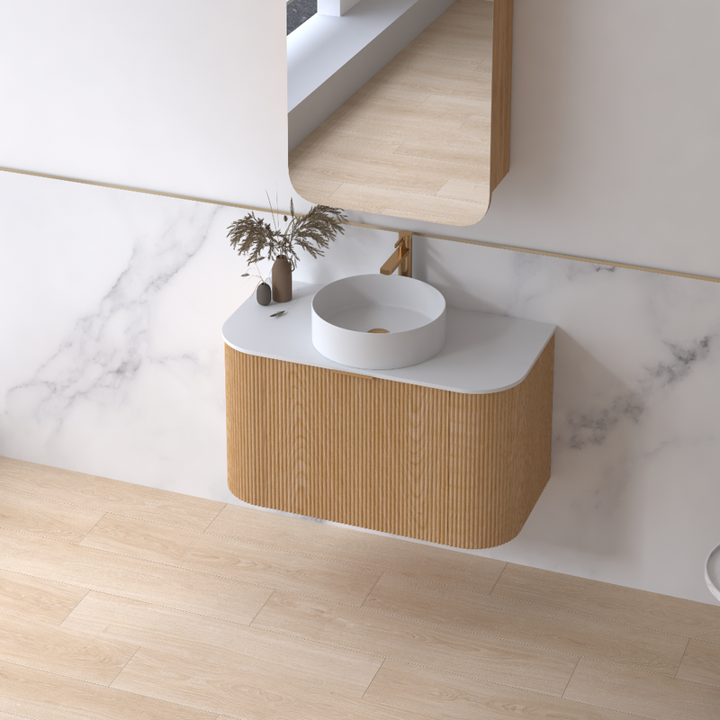 Siena 900 Curved Light Walnut Fluted Wall Hung Vanity - Acqua Bathrooms