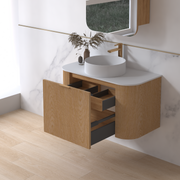 Siena 900 Curved Light Walnut Fluted Wall Hung Vanity - Acqua Bathrooms