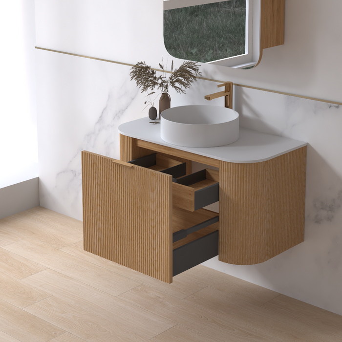 Siena 900 Curved Light Walnut Fluted Wall Hung Vanity - Acqua Bathrooms