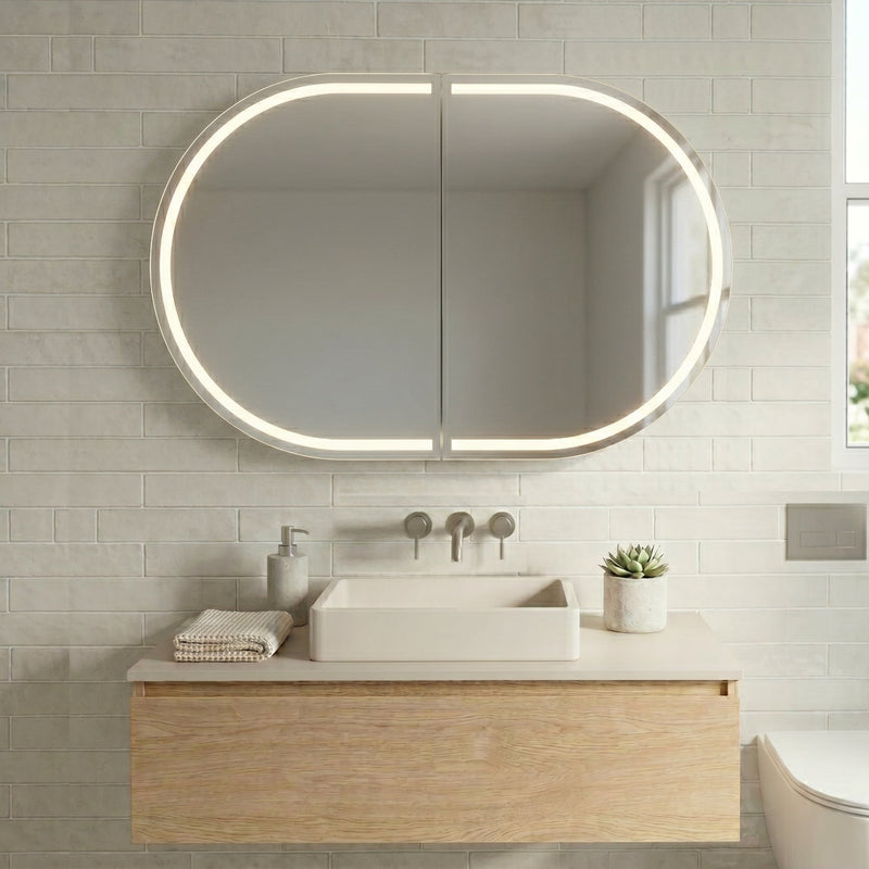 Stella LED Touchless 900 x 600 Matte White Oval  Shaving Cabinet