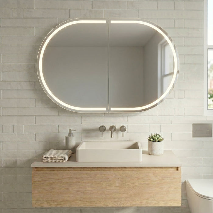 Stella LED Touchless 900 x 600 Matte White Oval  Shaving Cabinet