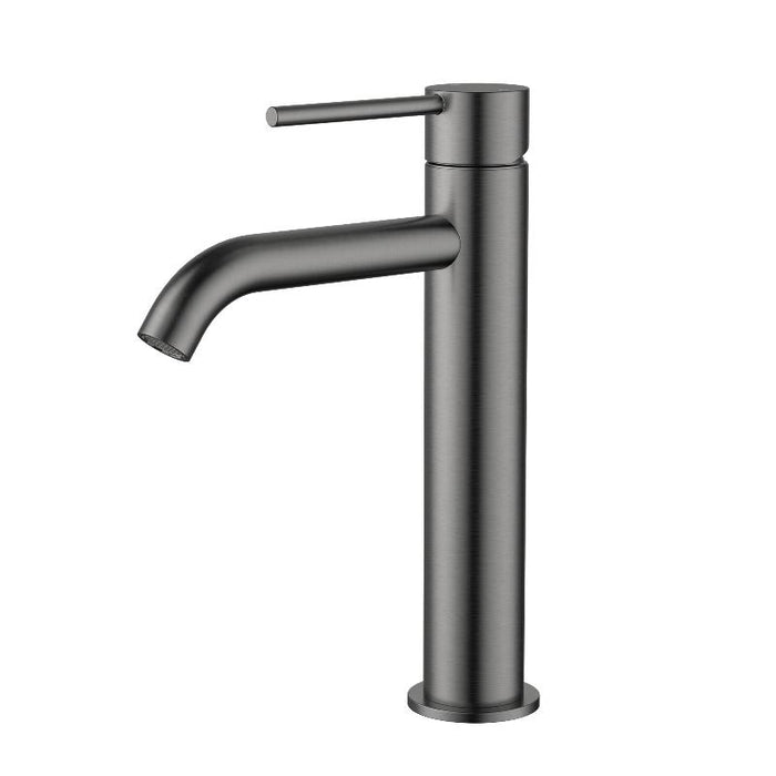 Star Mini Gun Metal Mid Basin Mixer - Curved Spout - Acqua Bathrooms