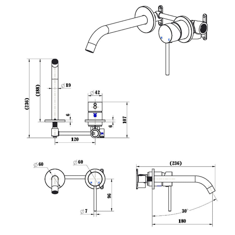 Star Mini Gun Metal Wall Basin Mixer Combination Separate Backplate