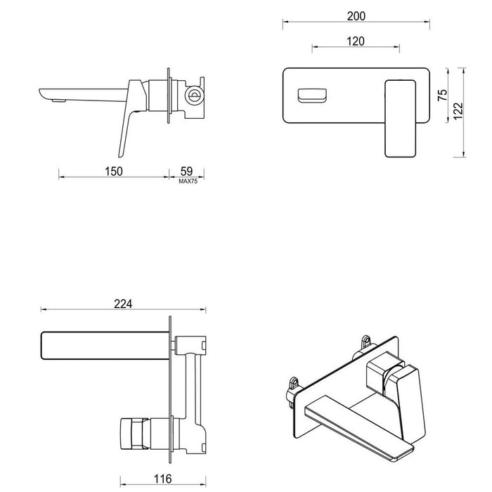 Tiago Brushed Nickel Wall-Spout Combo - Trim Kit Only - Acqua Bathrooms