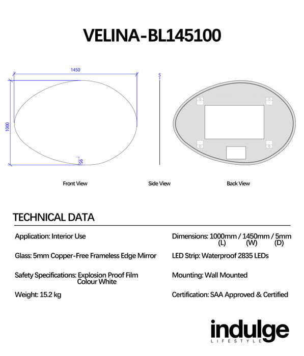 Velina 1450 x 1000 Touchless LED Mirror - Three Light Temperatures