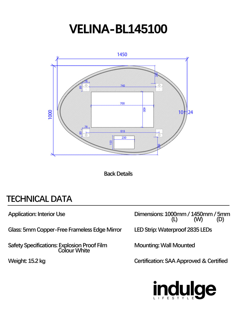 Velina 1450 x 1000 Touchless LED Mirror - Three Light Temperatures