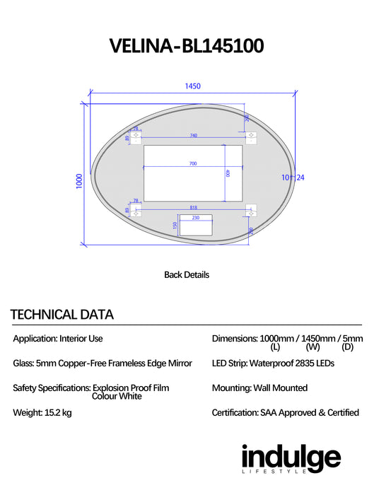 Velina 1450 x 1000 Touchless LED Mirror - Three Light Temperatures