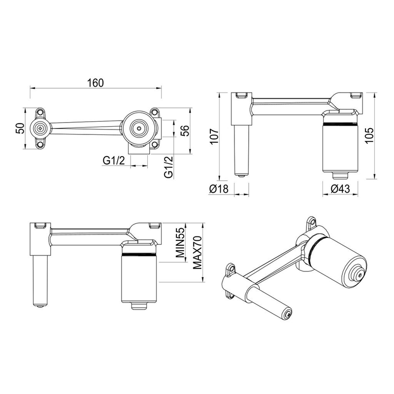 Tiago & Beki Wall-Spout Mixer Combo - Body Only