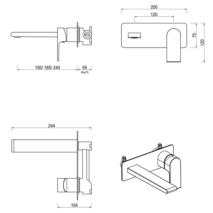 Beki Matte Black Wall-Spout Combo - 1P - Trim Kit Only