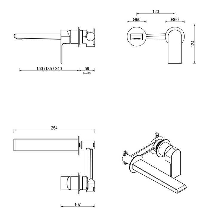 Beki Gun Metal Wall-Spout Combo - 2P - Trim Kit Only