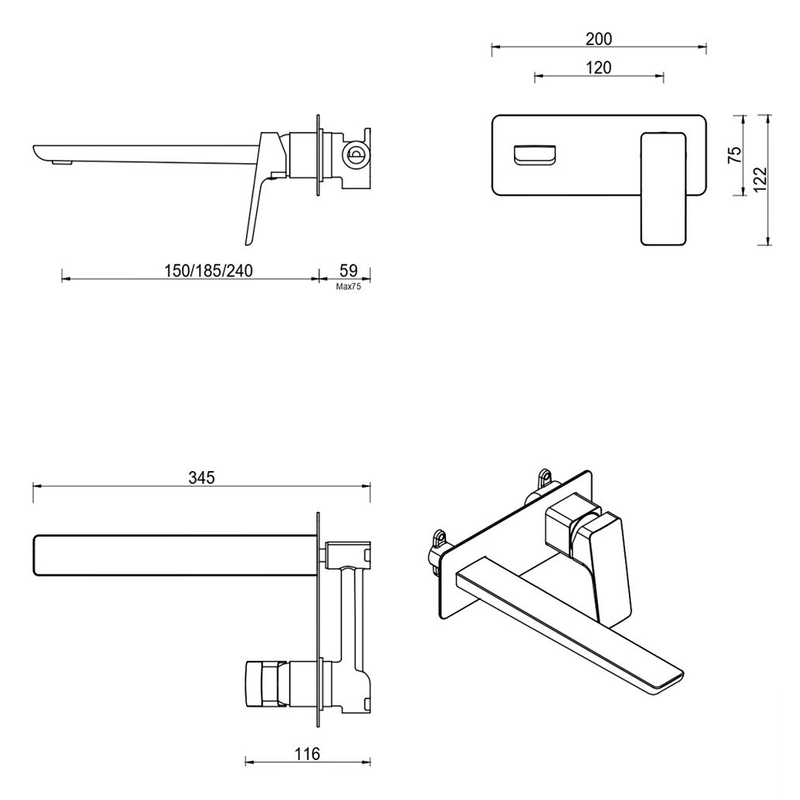 Tiago Brushed Nickel Wall-Spout Combo - Trim Kit Only