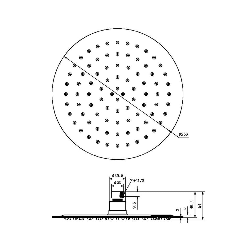 Classic Brushed Nickel 250mm Slim Round Shower Head - Acqua Bathrooms