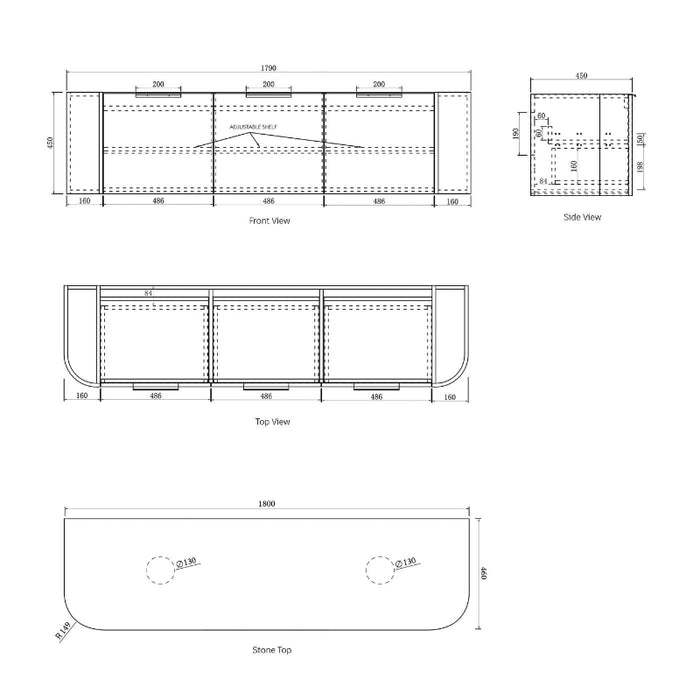 Bondi 1800 Curved Double Woodland Oak Fluted Wall Hung Vanity - Acqua Bathrooms