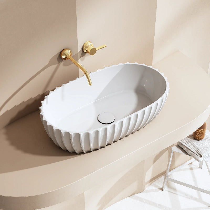 Perla 600mm Fluted Solid Surface Stone Round Above Counter Basin