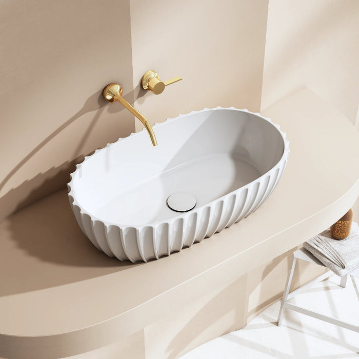 Perla 600mm Fluted Solid Surface Stone Round Above Counter Basin