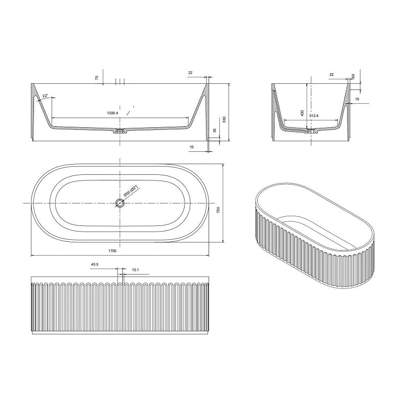 Kelsa 1700mm Stone Fluted Matte White Freestanding Bath Tub - Acqua Bathrooms
