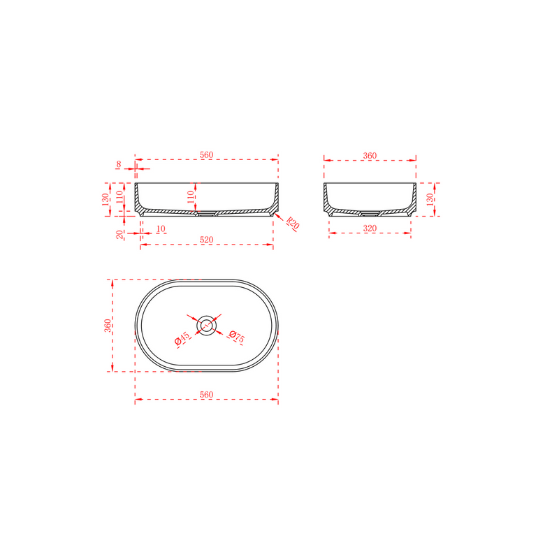 Nava 560mm Solid Surface Stone Oval Above Counter Basin - Acqua Bathrooms