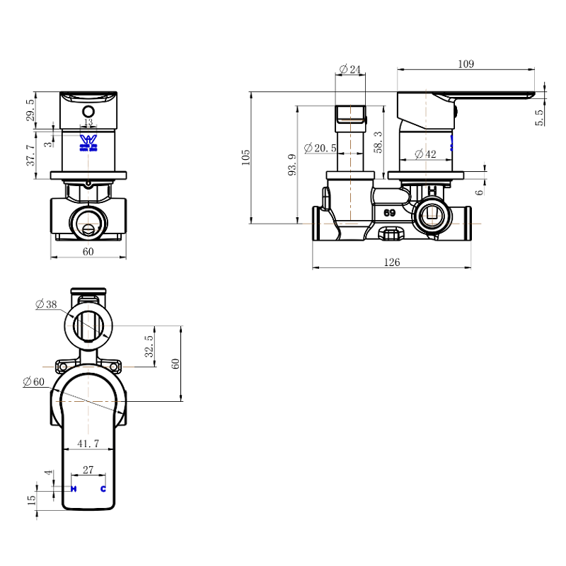 Nova Champagne Wall Diverter - Acqua Bathrooms