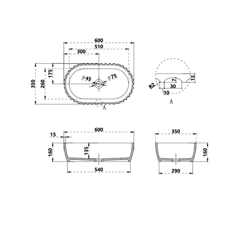 Perla 600mm Fluted Solid Surface Stone Round Above Counter Basin - Acqua Bathrooms