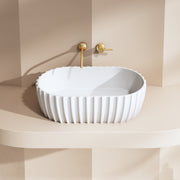 Perla 600mm Fluted Solid Surface Stone Round Above Counter Basin - Acqua Bathrooms