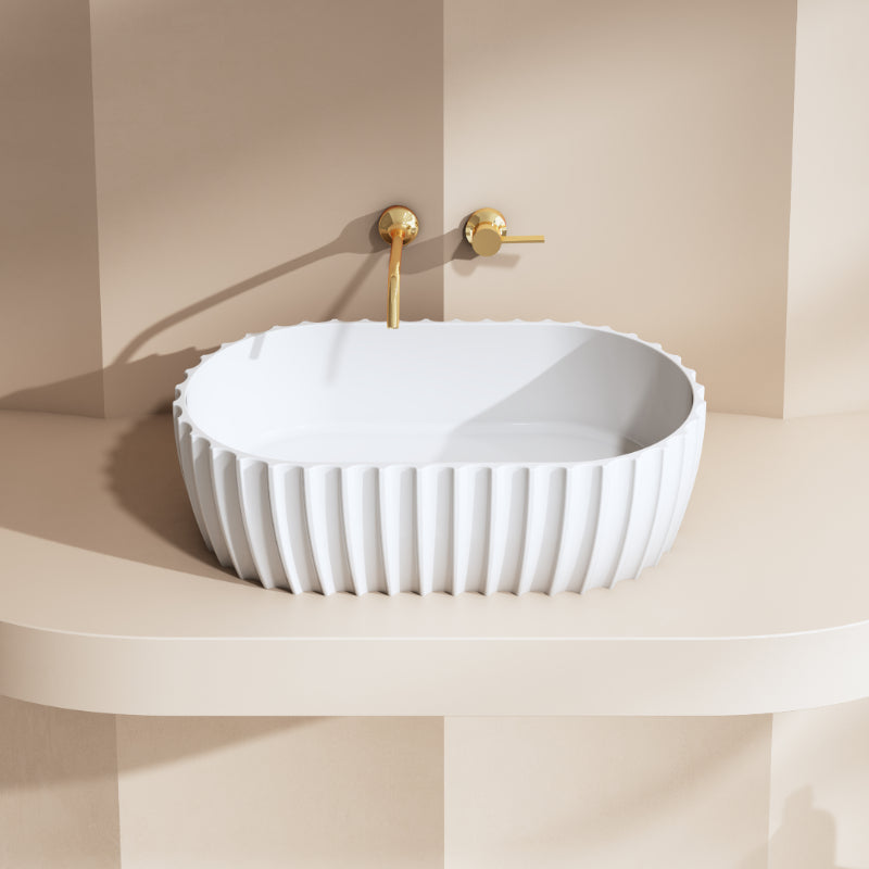 Perla 600mm Fluted Solid Surface Stone Round Above Counter Basin - Acqua Bathrooms