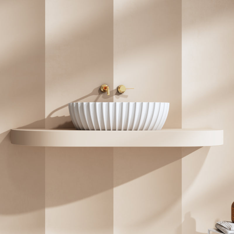 Perla 600mm Fluted Solid Surface Stone Round Above Counter Basin - Acqua Bathrooms