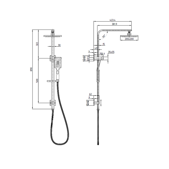 Square Multifunction Shower Rail