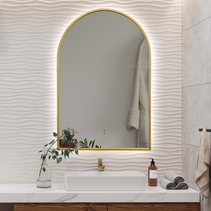 Indulge | Arched Touchless Back-Lit Brushed Gold LED Mirror - Three Light Temperatures - Acqua Bathrooms