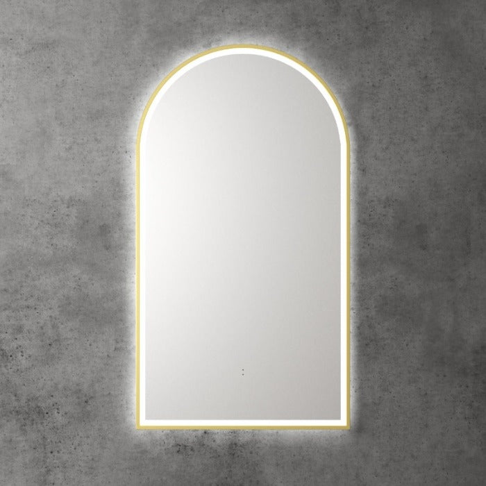 Aulic | Canterbury Brushed Gold Touchless Arched LED Mirror - Three Dimmable Colours - Acqua Bathrooms