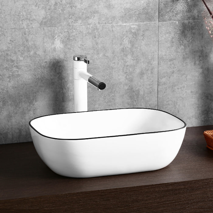 Art | 460mm White With Black Trim Rectangle Above Counter Basin - Acqua Bathrooms