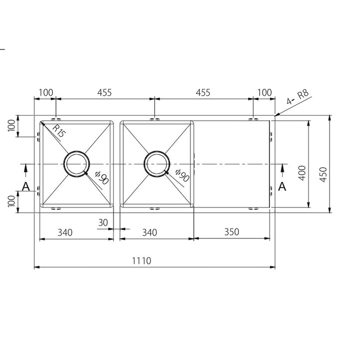 1110 x 450 x 200mm Kitchen Sink - Round Drain - Acqua Bathrooms