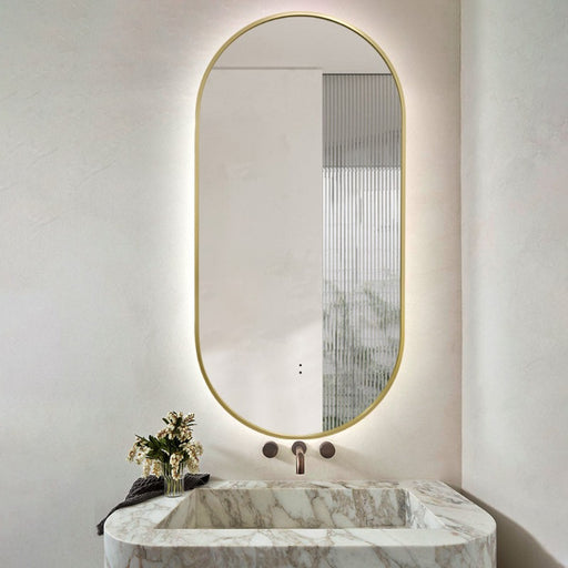 Indulge | Oval Touchless Back-Lit Brushed Gold LED Mirror - Three Light Temperatures - Acqua Bathrooms