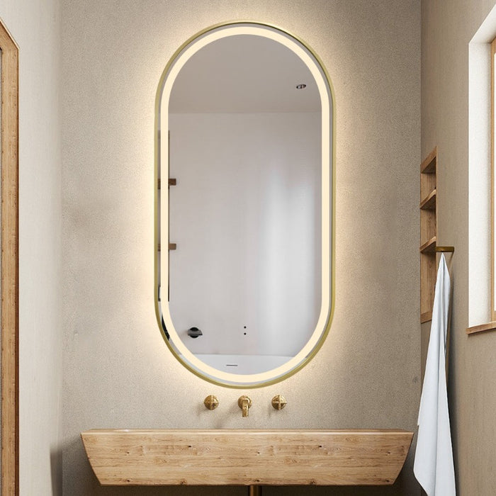 Indulge | Oval Touchless Front-Lit Brushed Gold LED Mirror - Three Light Temperatures - Acqua Bathrooms